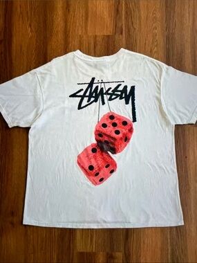 Stussy White Short Sleeve Tee with Red Dice Back Graphic